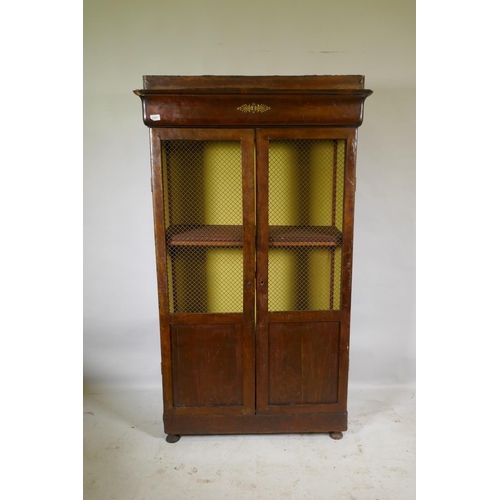 1151 - A C19th French mahogany two door cupboard with wire grilled doors, 97 x 35 x 166cm