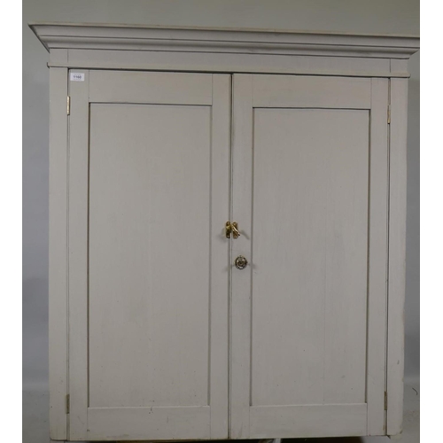 1160 - A Victorian painted pine press top cupboard with two doors, 112 x 50 x 116cm