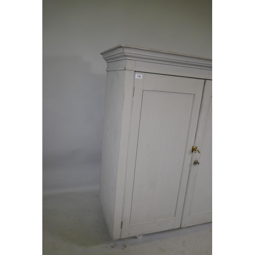 1160 - A Victorian painted pine press top cupboard with two doors, 112 x 50 x 116cm