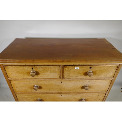 1162 - A Victorian faded mahogany chest with two over three drawers, and original wood handles, raised on p... 