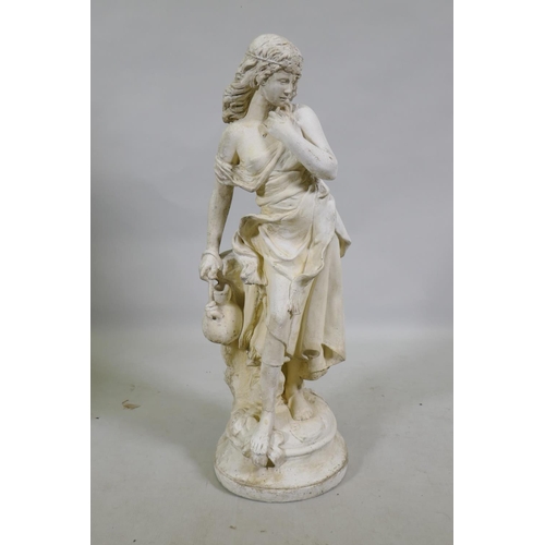 1165 - A painted reconstituted garden statue of a female water carrier, 67cm high