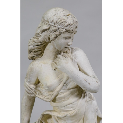 1165 - A painted reconstituted garden statue of a female water carrier, 67cm high