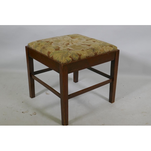 1183 - A C19th oak footstool with drop in tapestry seat, 45 x 45 x 45cm