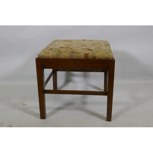 1183 - A C19th oak footstool with drop in tapestry seat, 45 x 45 x 45cm