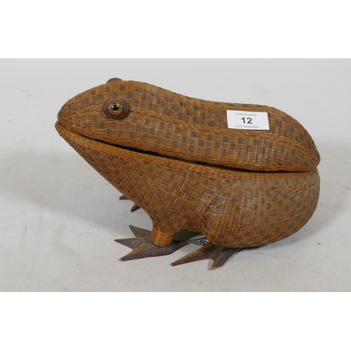 12 - Japanese takeami woven bamboo beaker in the form of a toad, with glass eyes, 27cm long