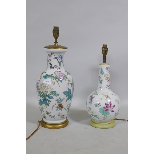 120 - A Chinese porcelain lamp with butterfly and floral decoration, 50cm high, and another smaller