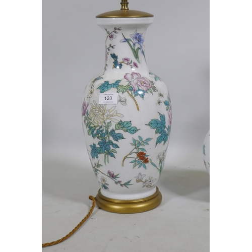 120 - A Chinese porcelain lamp with butterfly and floral decoration, 50cm high, and another smaller