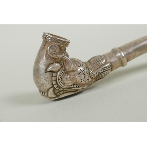 131 - A Chinese white metal pipe with dragon head decoration, 10cm