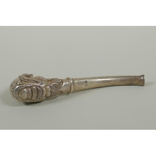 131 - A Chinese white metal pipe with dragon head decoration, 10cm