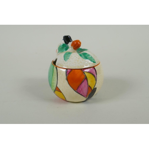 14 - A Newport Pottery Clarice Cliff Fantasque Bizarre orange shaped preserve pot, 8cm high