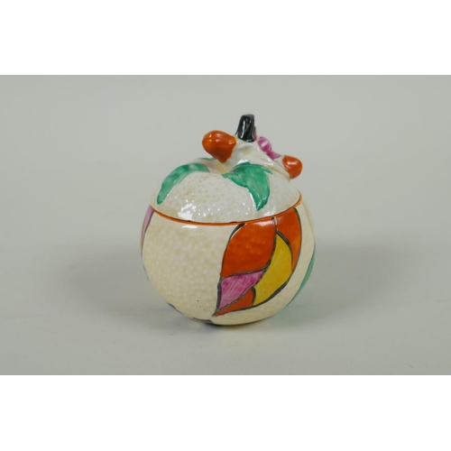 14 - A Newport Pottery Clarice Cliff Fantasque Bizarre orange shaped preserve pot, 8cm high