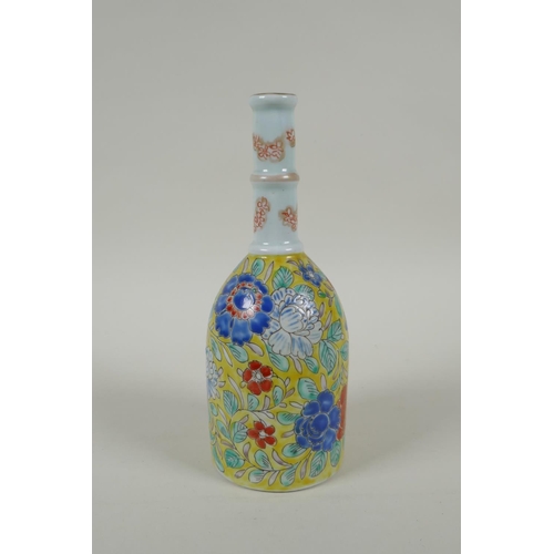 152 - An antique Chinese polychrome porcelain mallet shaped bottle vase, with enamelled floral decoration ... 