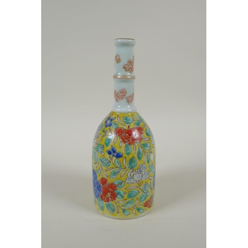 152 - An antique Chinese polychrome porcelain mallet shaped bottle vase, with enamelled floral decoration ... 