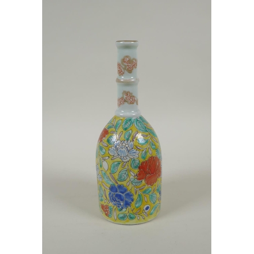 152 - An antique Chinese polychrome porcelain mallet shaped bottle vase, with enamelled floral decoration ... 