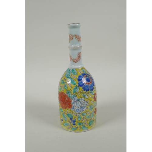 152 - An antique Chinese polychrome porcelain mallet shaped bottle vase, with enamelled floral decoration ... 