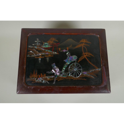 160 - An antique Japanese lacquer writing slope with inset abalone decoration of figures by Mount Fuji, 31... 