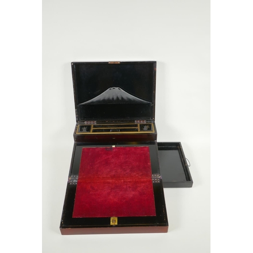 160 - An antique Japanese lacquer writing slope with inset abalone decoration of figures by Mount Fuji, 31... 