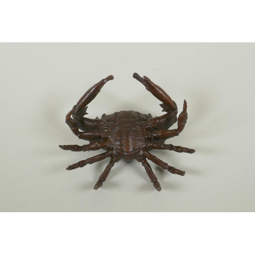 165 - A Japanese style bronze okimono crab, 7cm wide