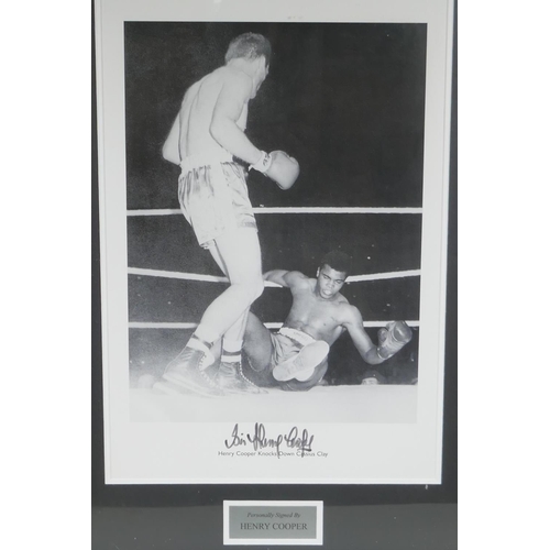 166 - A framed signed photographic print of Henry Cooper knocking down Cassius Clay (Mohammed Ali) with Ce... 