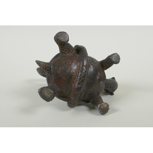 173 - A Chinese filled bronze figure of a tortoise entwined with a snake, with the remnants of gilt patina... 