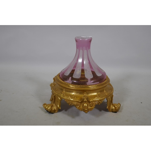 184 - An ormolu and etched cranberry glass centrepiece stand, 27cm high