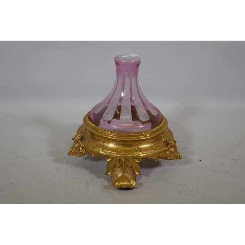 184 - An ormolu and etched cranberry glass centrepiece stand, 27cm high