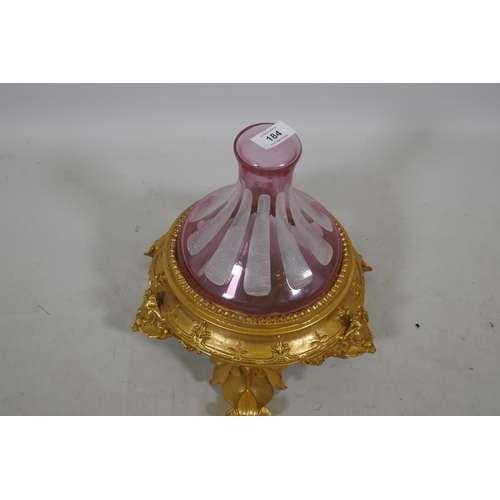 184 - An ormolu and etched cranberry glass centrepiece stand, 27cm high