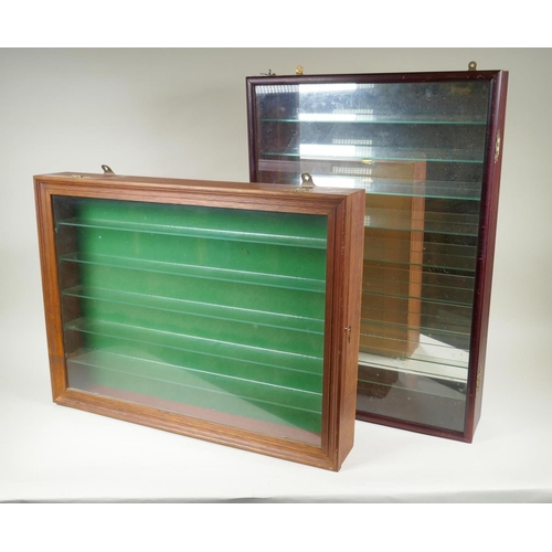 190 - A bespoke hanging display cabinet with baize back, and another similar with mirror back, largest 46 ... 