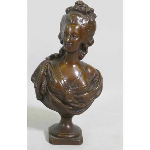 2 - A late C19th/early C20th Continental bronze bust of Marie Antoinette, after Lecomte, unsigned, 23cm ... 