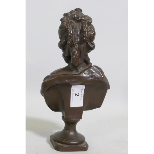 2 - A late C19th/early C20th Continental bronze bust of Marie Antoinette, after Lecomte, unsigned, 23cm ... 