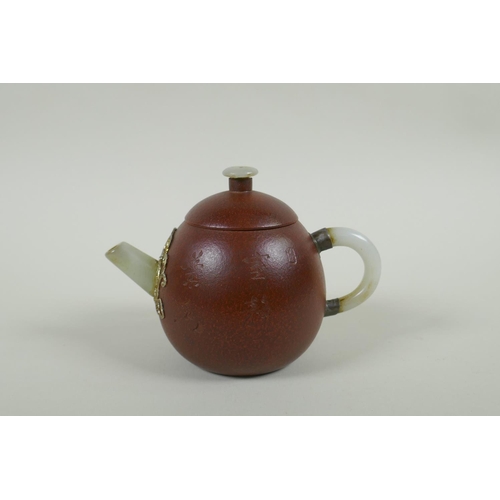 205 - A Chinese YiXing teapot, mounted with grey hardstone handle, spout and knop, impressed mark to base,... 