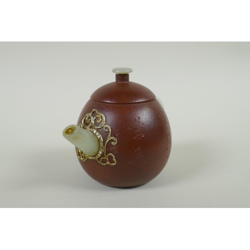 205 - A Chinese YiXing teapot, mounted with grey hardstone handle, spout and knop, impressed mark to base,... 