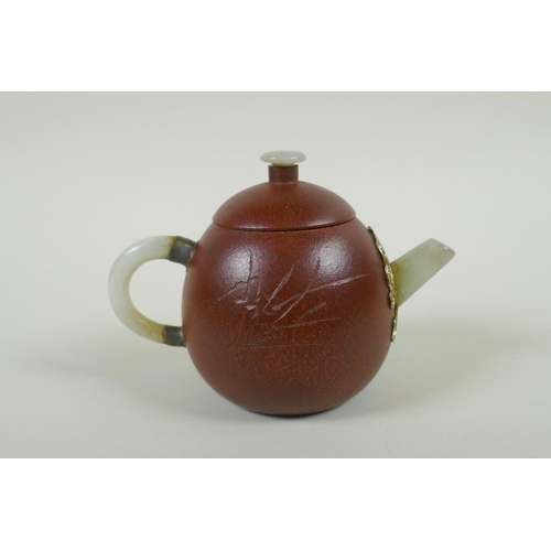 205 - A Chinese YiXing teapot, mounted with grey hardstone handle, spout and knop, impressed mark to base,... 