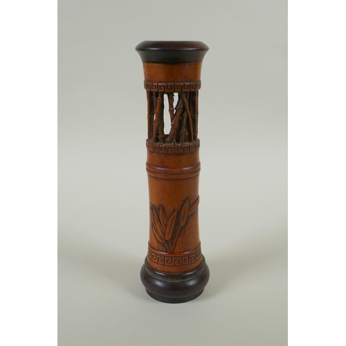 210 - A Chinese carved bamboo incense burner with bamboo decoration, 25cm high