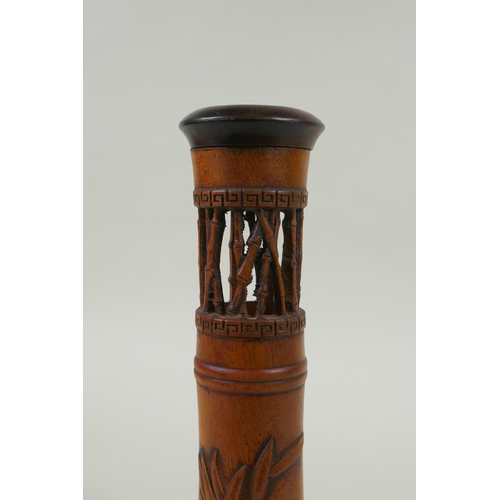 210 - A Chinese carved bamboo incense burner with bamboo decoration, 25cm high