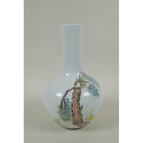 211 - A Chinese polychrome porcelain bottle vase decorated with birds perched on a branch, character inscr... 