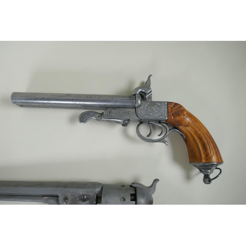 216 - Five replica pistols, including a French Lefaucheux pinfire revolver and a Colt model 1851, and two ... 