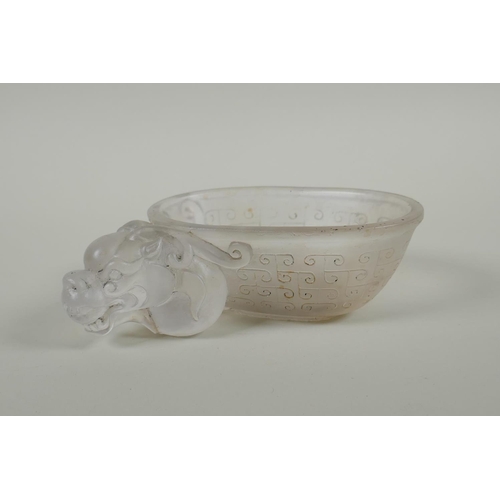 223 - A Chinese moulded glass libation cup with dragon head decoration, 17cm 