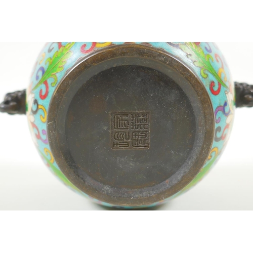 230 - A Chinese bronze two handled censer with cloisonne lotus flower decoration, impressed seal marks to ... 