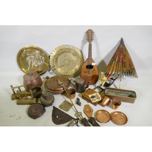 24 - Antique eight string lute, AF, 61cm long, Cairo ware brass trays, copper pots, toy rocking horse etc