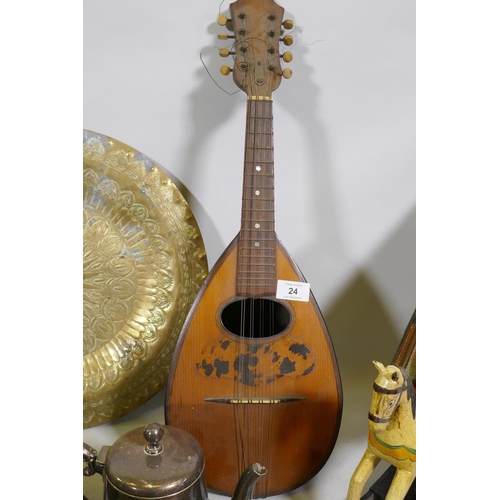 24 - Antique eight string lute, AF, 61cm long, Cairo ware brass trays, copper pots, toy rocking horse etc