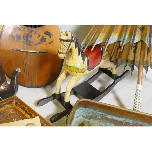 24 - Antique eight string lute, AF, 61cm long, Cairo ware brass trays, copper pots, toy rocking horse etc