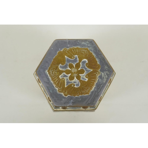 245 - An antique Chinese pewter and brass hexagonal tea caddy, and a pair of matching planters, caddy 10cm... 