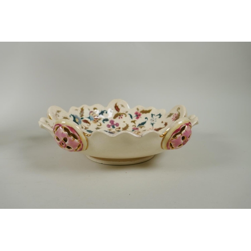 248 - A Zsolnay Pecs polychrome porcelain dish with frilled rim and floral decoration, together with a Cze... 