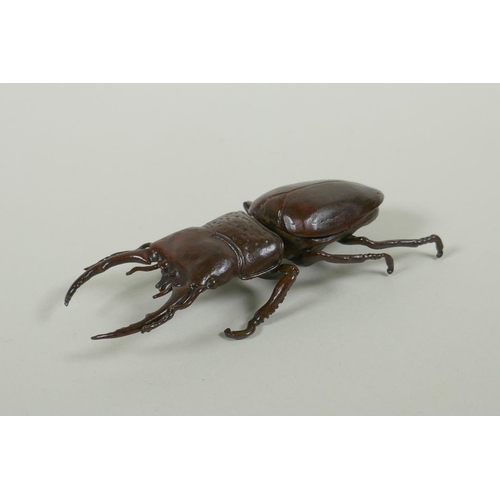 250 - A Japanese style bronze okimono stag beetle, 11cm long