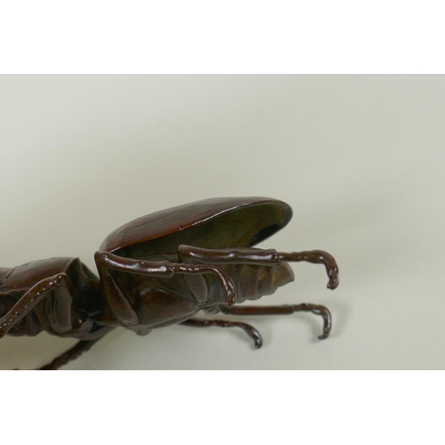 250 - A Japanese style bronze okimono stag beetle, 11cm long