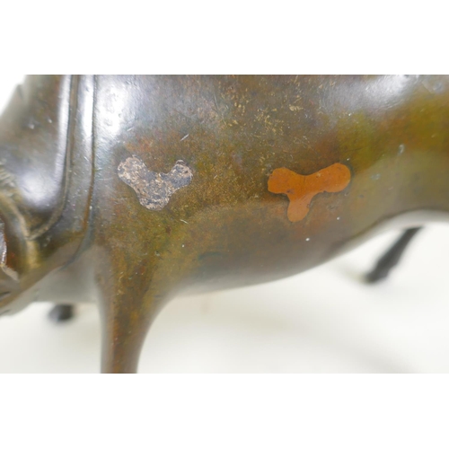 251 - A Japanese Mokume-gane metalware pin cushion in the form of a buffalo, with inlaid decoration, 14cm ... 