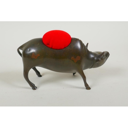 251 - A Japanese Mokume-gane metalware pin cushion in the form of a buffalo, with inlaid decoration, 14cm ... 