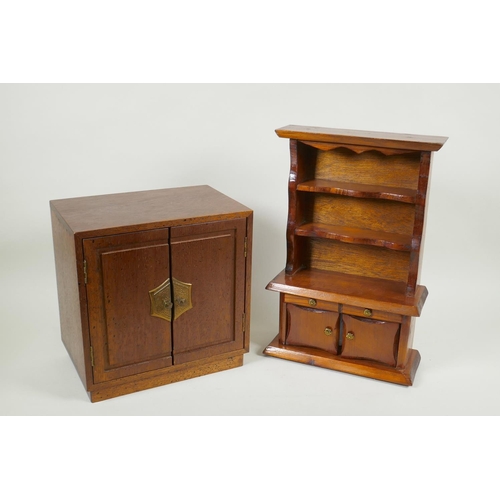 255 - An American Oriental style jewellery cabinet with bars mounts, and a miniature pine dresser, 37cm hi... 