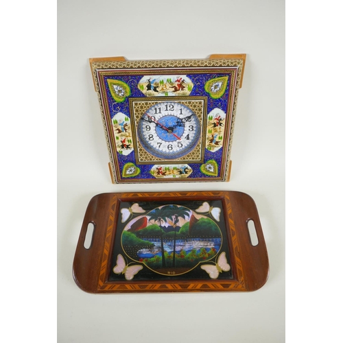 256 - A Persian micro mosaic wall clock and a Brazilian butterfly tray depicting Rio, 36 x 22cm